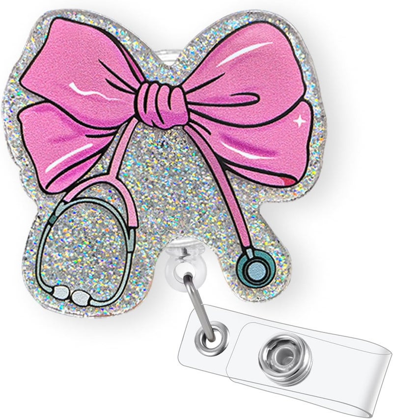 Bydevia Pink Bow Stethoscope Badge Reel Retractable for Nurse Nursing RN CNA LPN & Medical Assistant | Cute Nurse Gifts Coquette Bow ID Name Badge Holder with Alligator Clip & 24” Durable Nylon Cord | Acrylic - Image 1